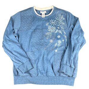 Alfred Dunner Blue Floral Embroidered Sweatshirt – Casual Comfort, Size M